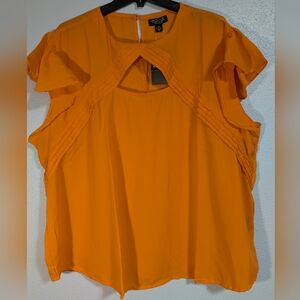 Rouge Bright Orange Flutter-Sleeve Keyhole Blouse